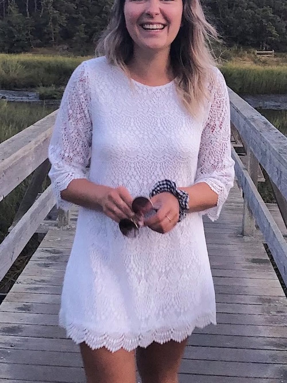 Divided White Lace Long-Sleeve Shift Dress